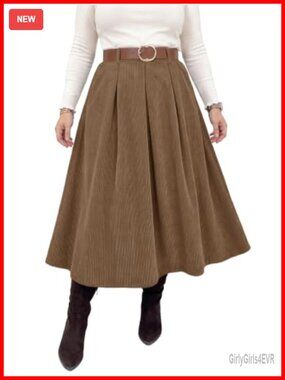 Plus Size Corduroy A-Line Pleated Skirt with Pockets